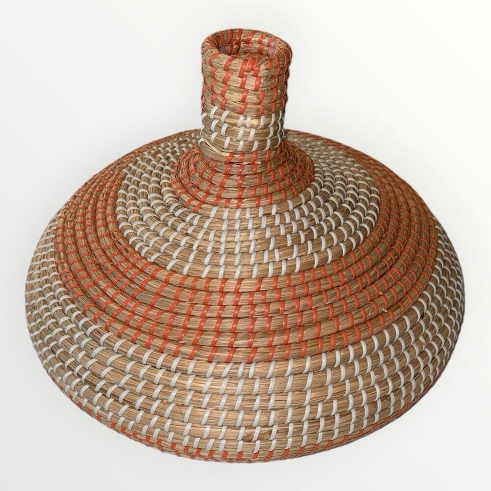 Round Wicker Lidded Decorative Basket Boho Beige/Orange 16in Freestanding - Picture 3 of 7
